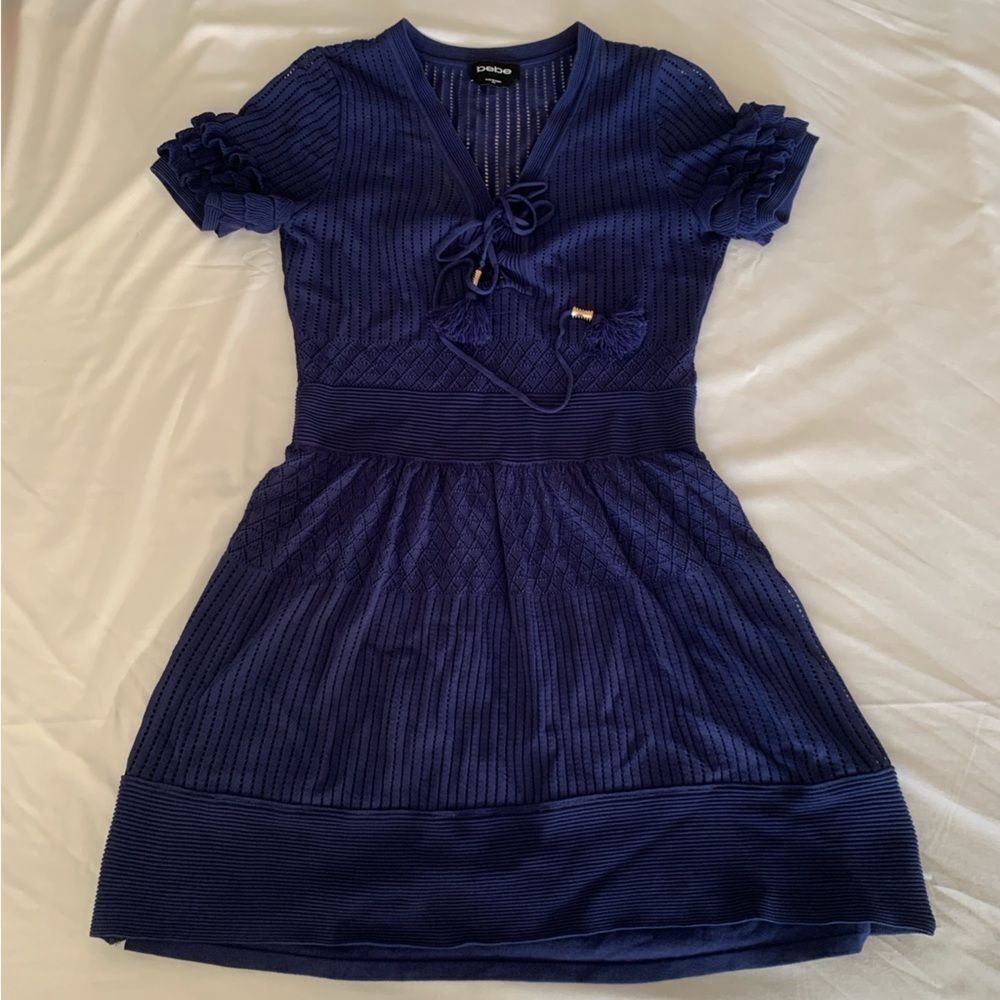 BEBE Navy Blue Flitted Flare Mini Dress Size XS